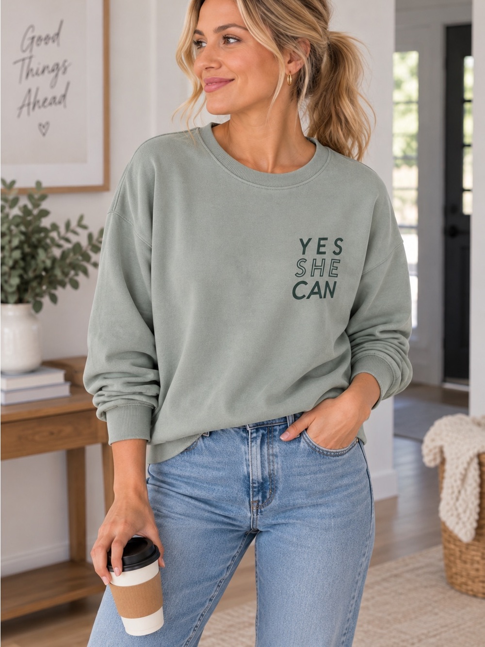 Nine West Yes She Can Graphic Sweatshirt Medium Sage Green Crewneck